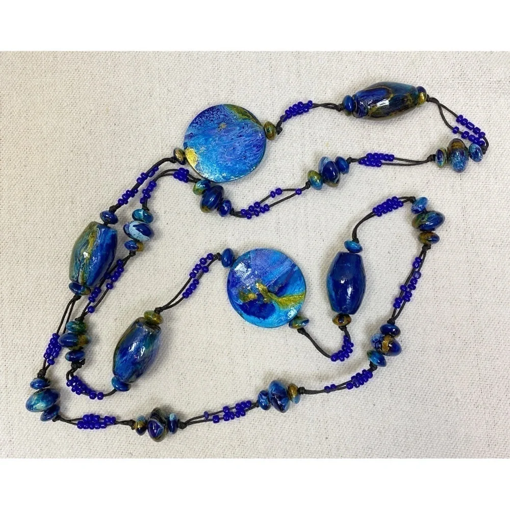 Extra Long vintage painted wood bead necklace blue gold green marbled paint
